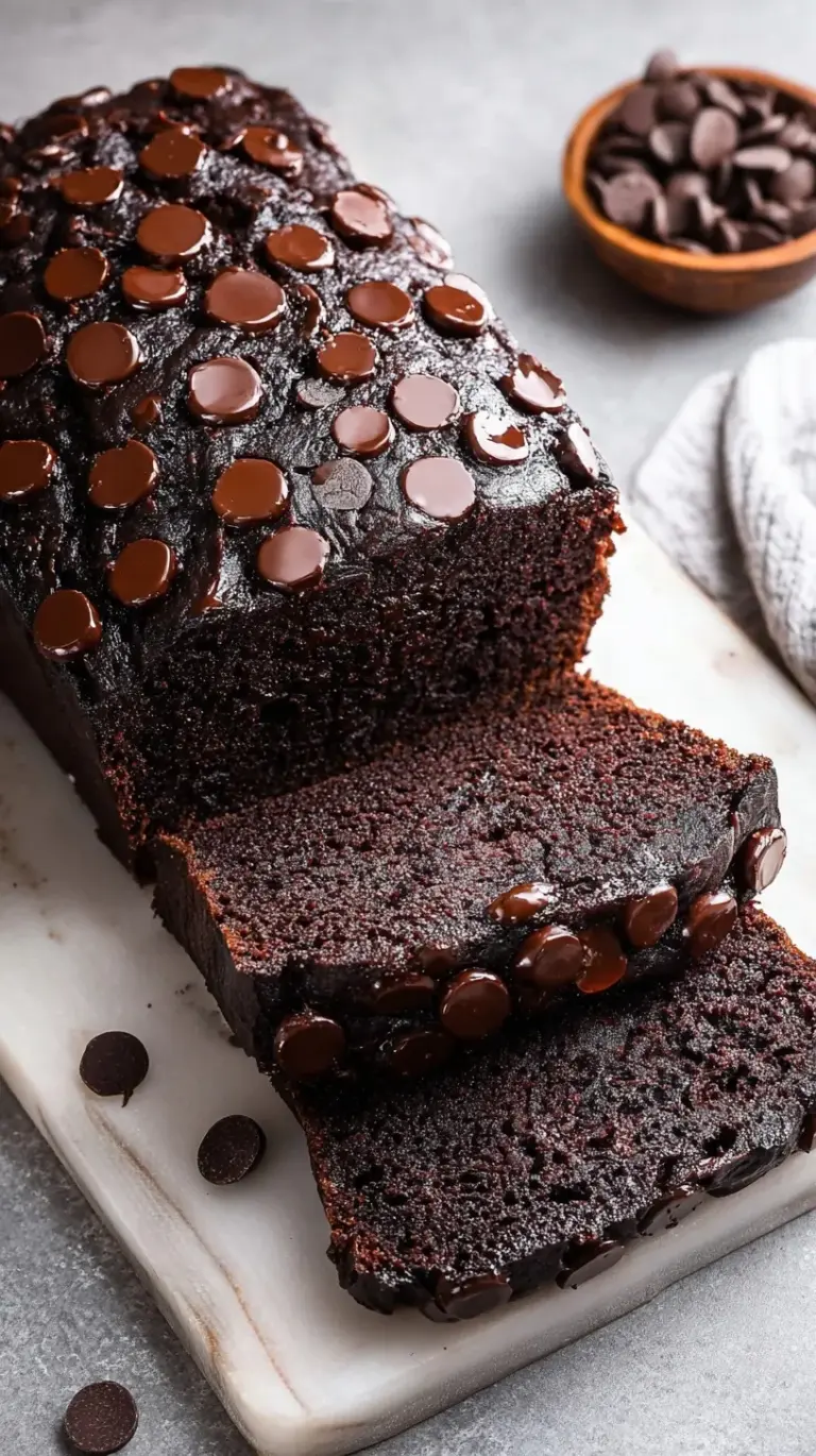 A sliced loaf of rich, dark chocolate banana bread showing melted chocolate chips inside