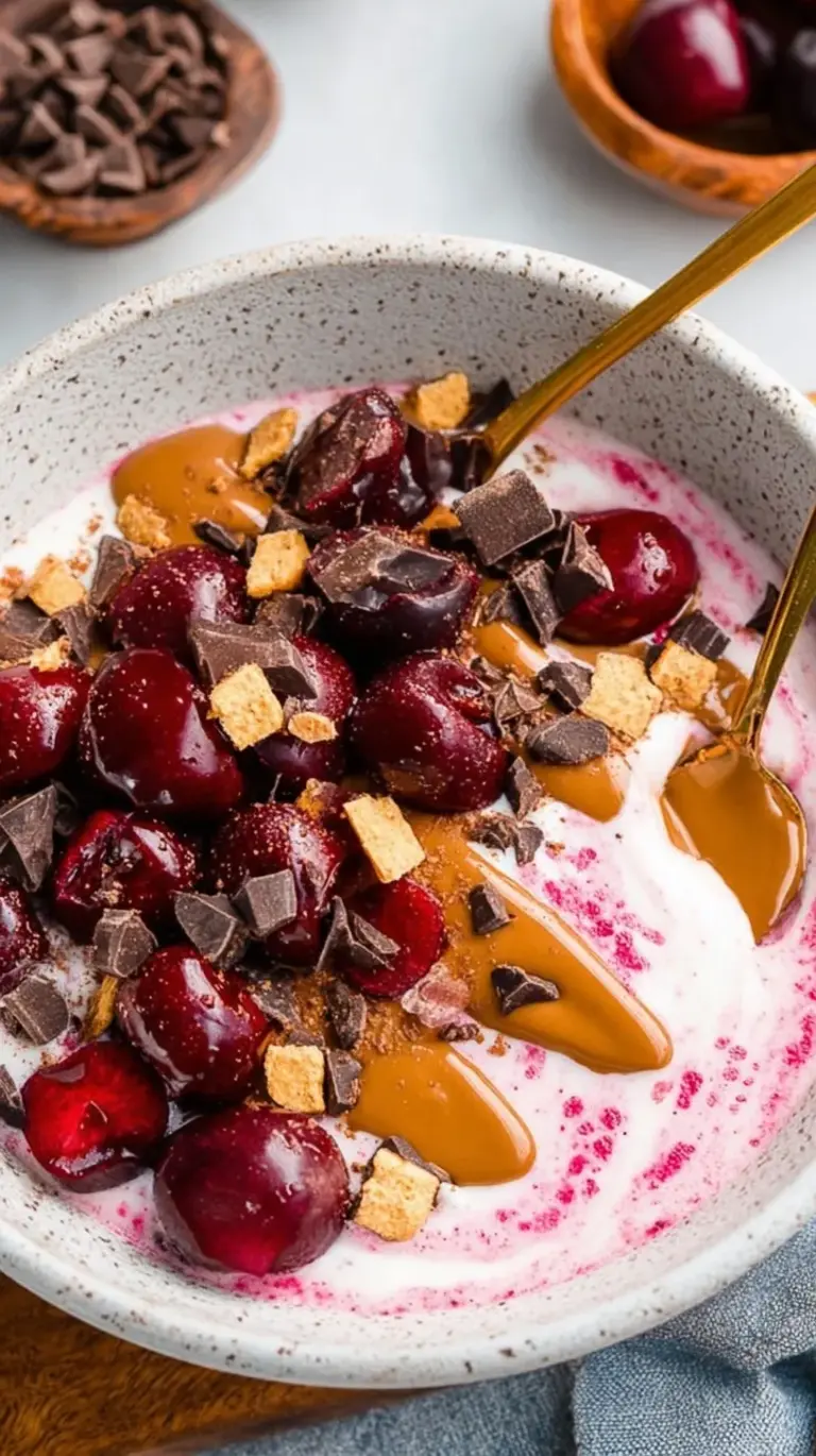A creamy chocolate Greek yogurt bowl topped with fresh halved cherries, graham cracker crumbs, and mini chocolate chips.