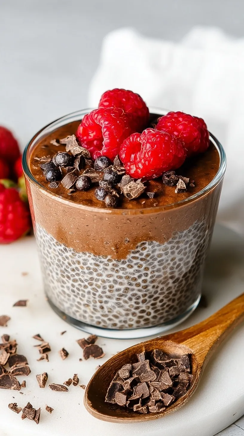 A glass jar filled with creamy chocolate chia pudding topped with fresh raspberries and a sprig of mint.