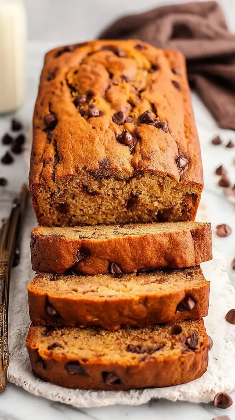 A loaf of sliced coconut flour banana bread with melted chocolate chips on a wooden board