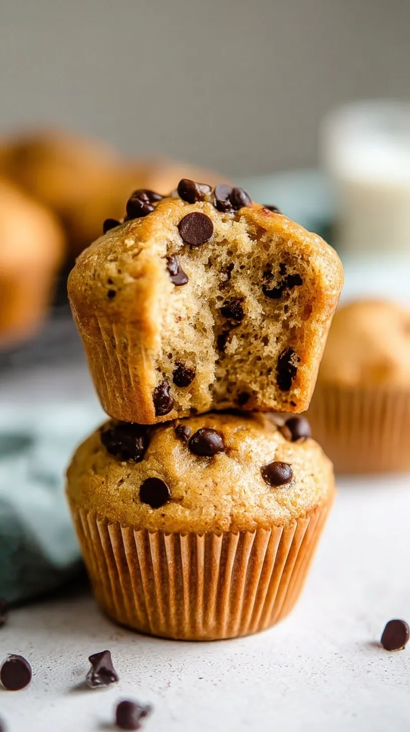A stack of golden brown chocolate chip yogurt muffins with melted chocolate chips on top.