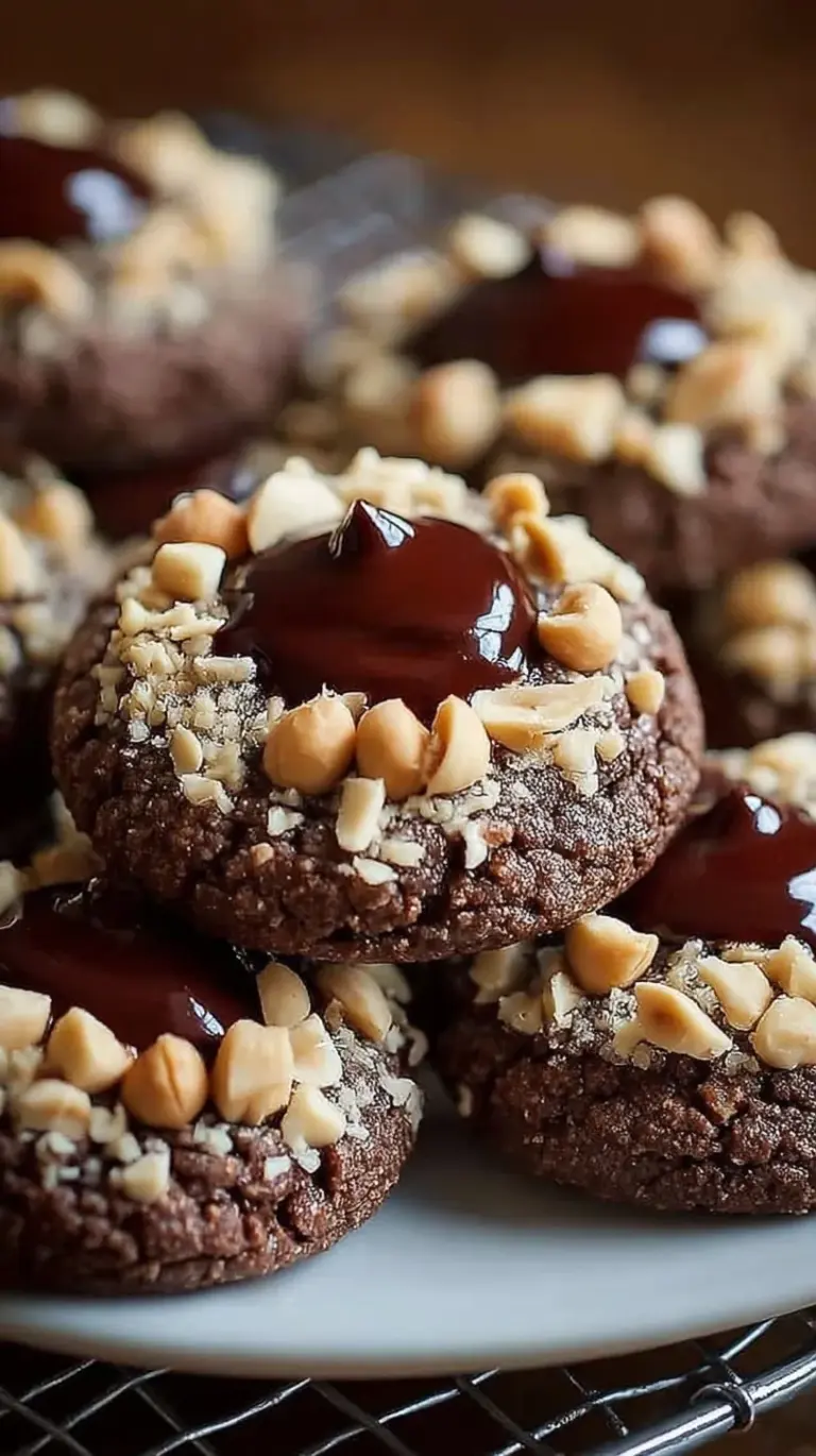 A stack of golden brown Chocolate Hazelnut Thumbprint Cookies filled with creamy chocolate spread and coated in crushed nuts.