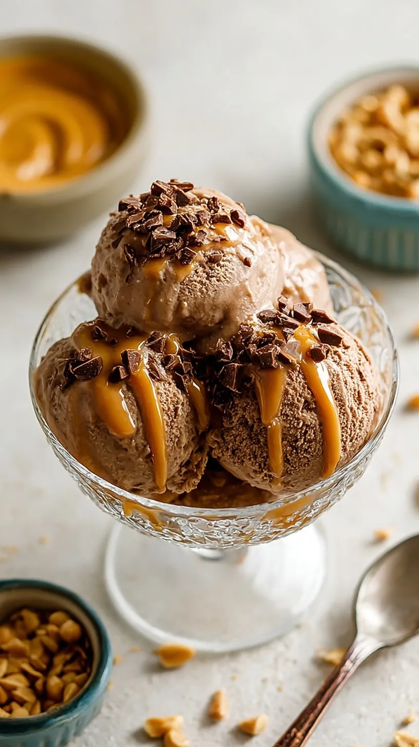 A creamy pint of chocolate peanut butter protein ice cream with a peanut butter swirl
