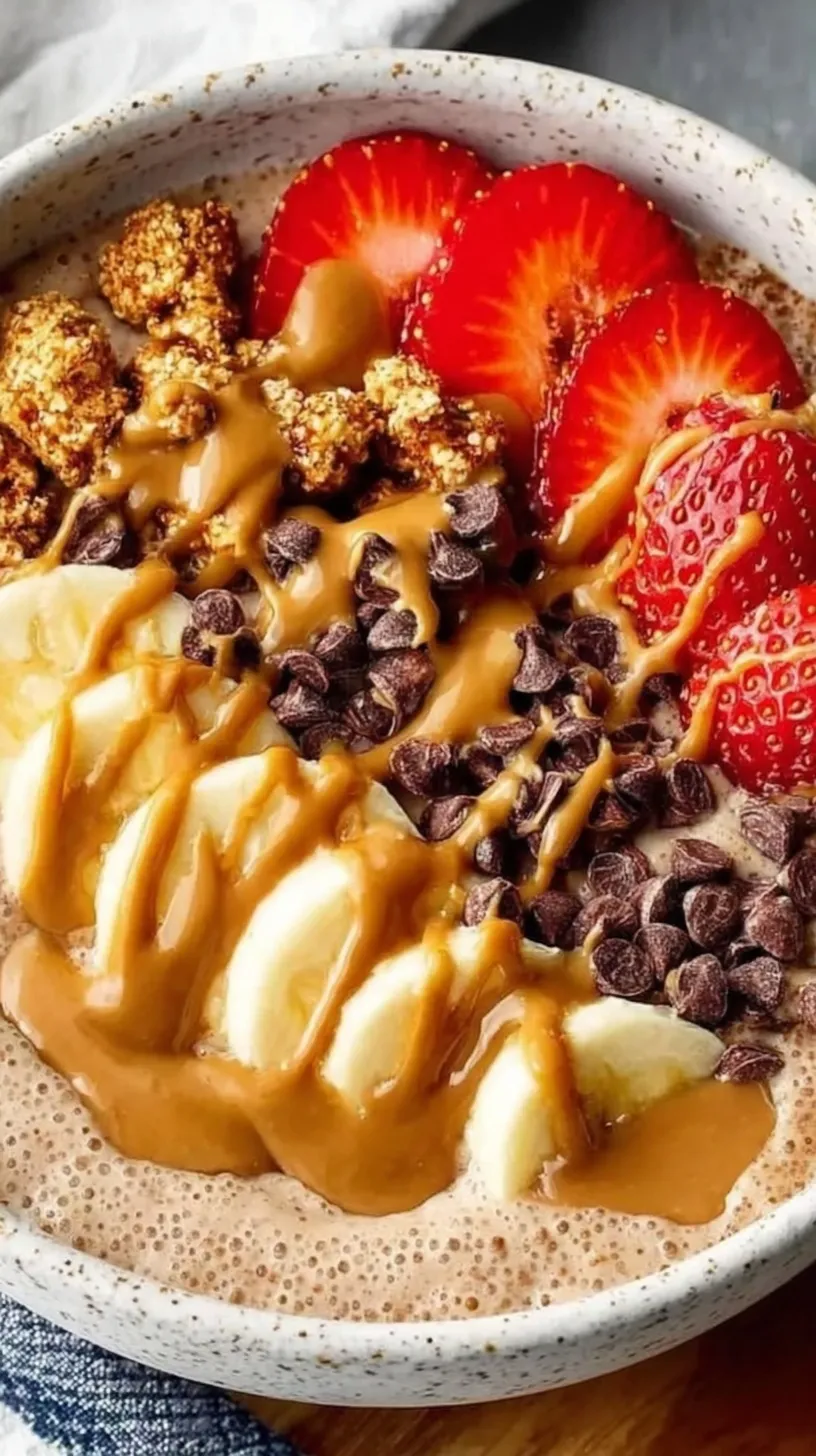 Creamy chocolate protein yogurt bowl topped with fresh blueberries and a peanut butter drizzle.