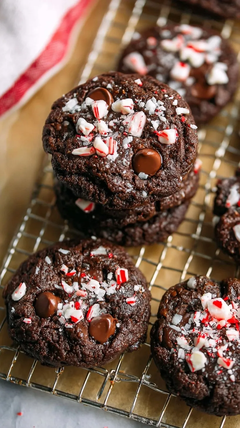 Close up of dark chocolate cookies topped with red and white crushed peppermint candy canes on a wire rack.