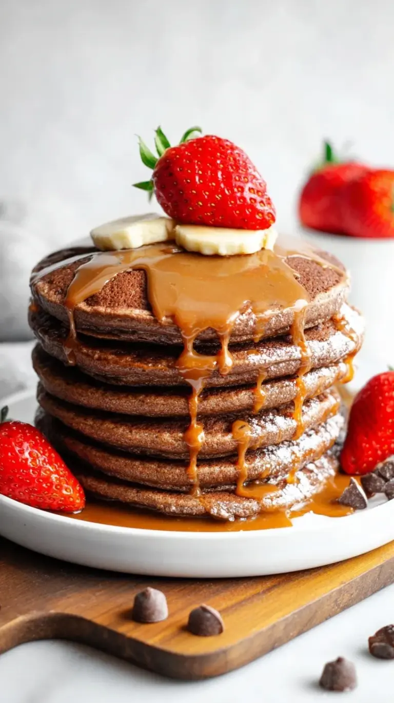 Stack of fluffy chocolate protein pancakes topped with fresh berries and a drizzle of syrup