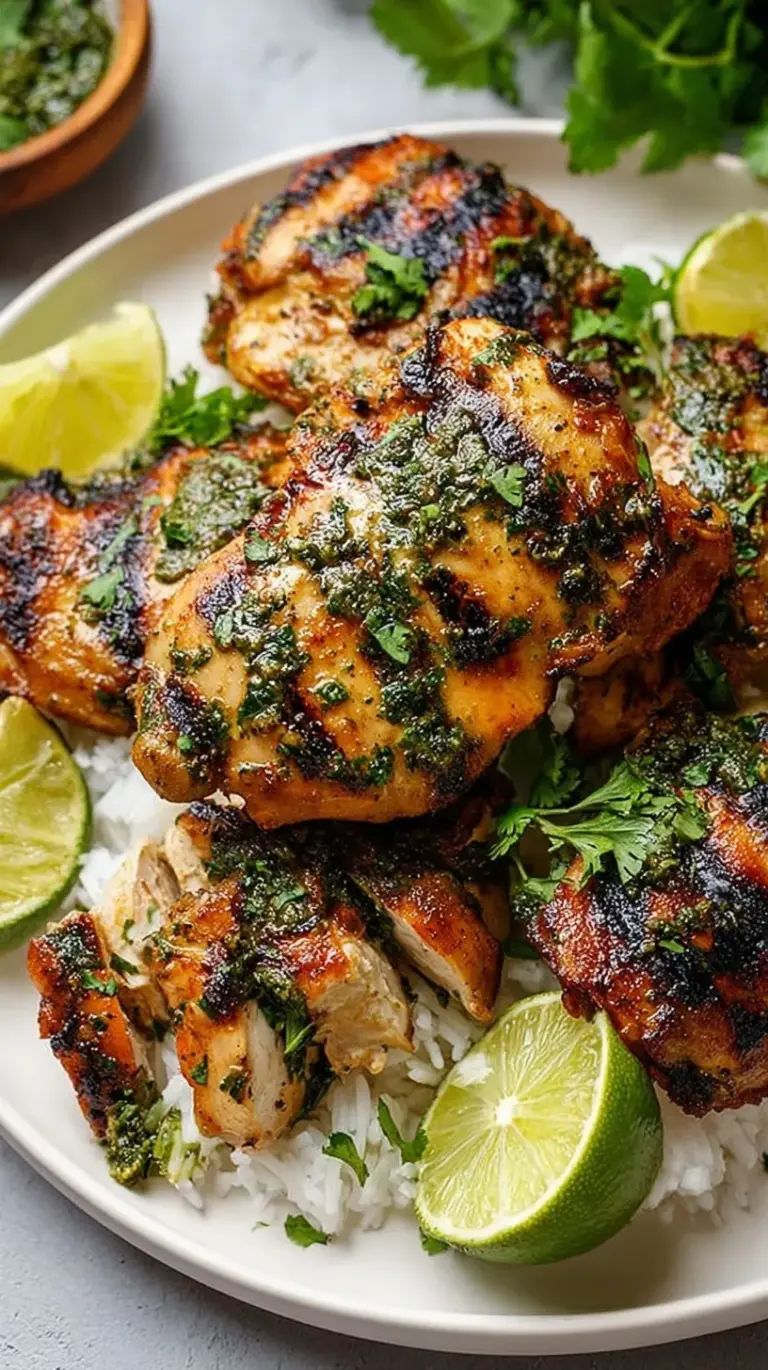 Grilled Cilantro Lime Chicken thighs garnished with fresh lime wedges and cilantro on a platter