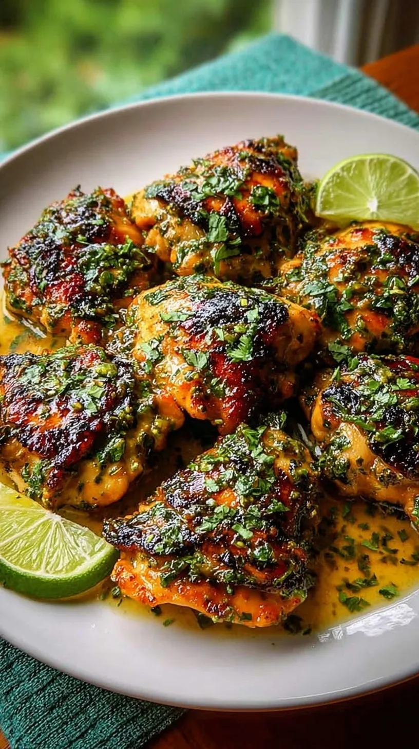 Sizzling cilantro lime chicken thighs in a cast iron skillet with fresh lime slices