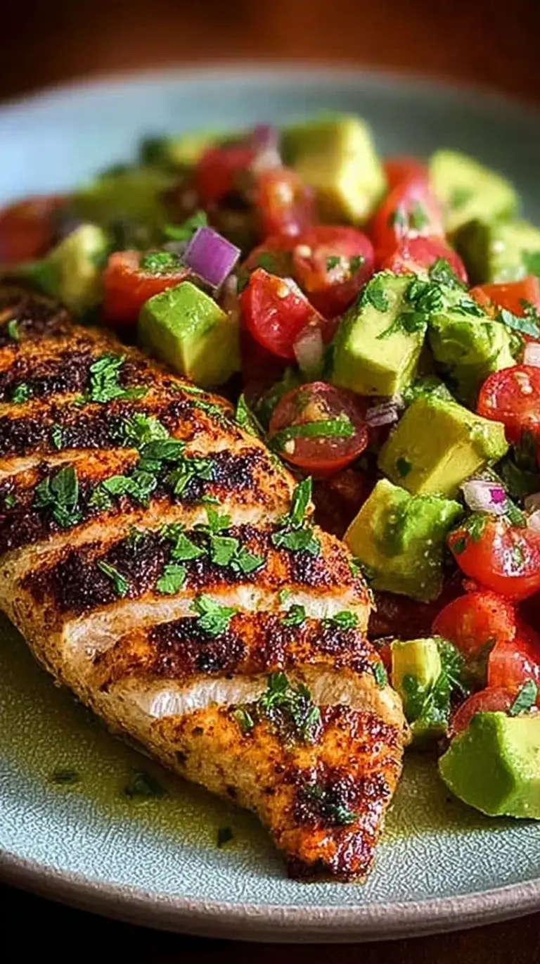 Grilled Cilantro Lime Chicken breast topped with chunky avocado and tomato salsa on a white plate