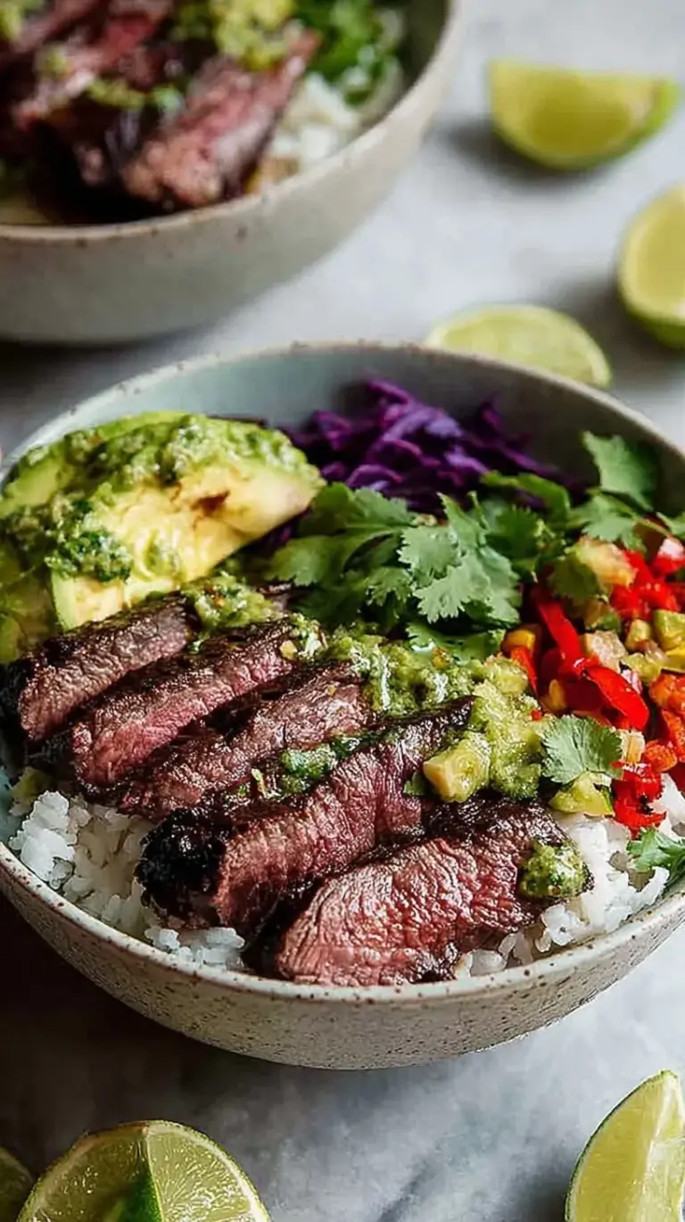 A vibrant bowl featuring sliced seared flank steak, cilantro lime rice, black beans, corn, tomatoes, and avocado.