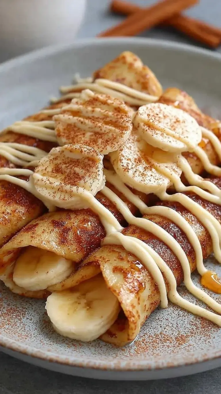Stack of thin cinnamon protein crepes with a creamy filling and sweet cinnamon glaze drizzle.