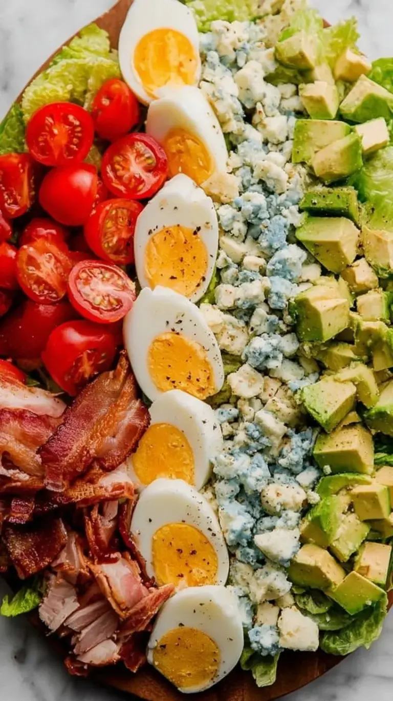 A vibrant Classic Cobb Salad arranged in neat rows with chicken, bacon, eggs, avocado, and blue cheese.