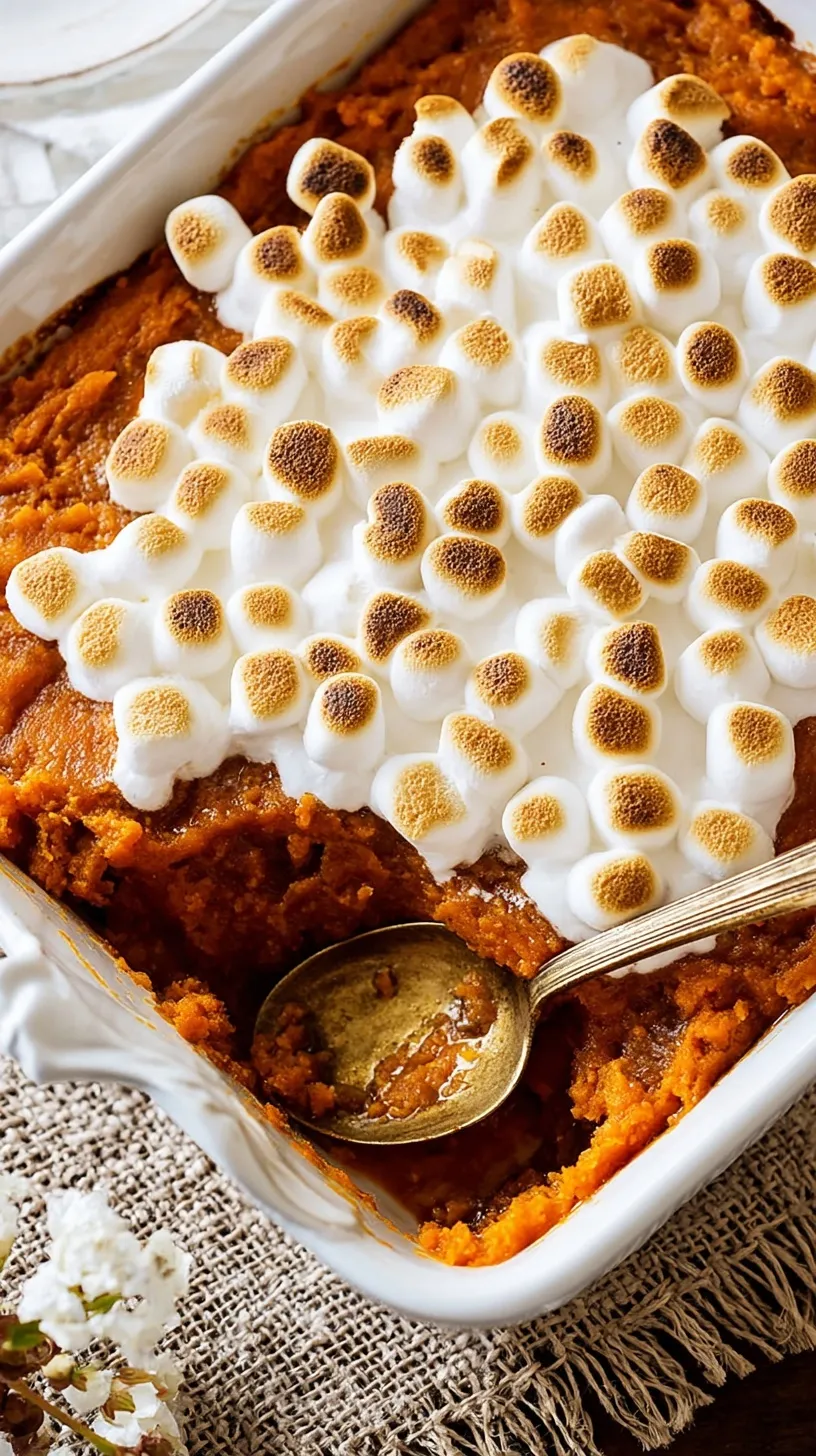 A golden brown classic sweet potato casserole in a baking dish topped with chopped pecans