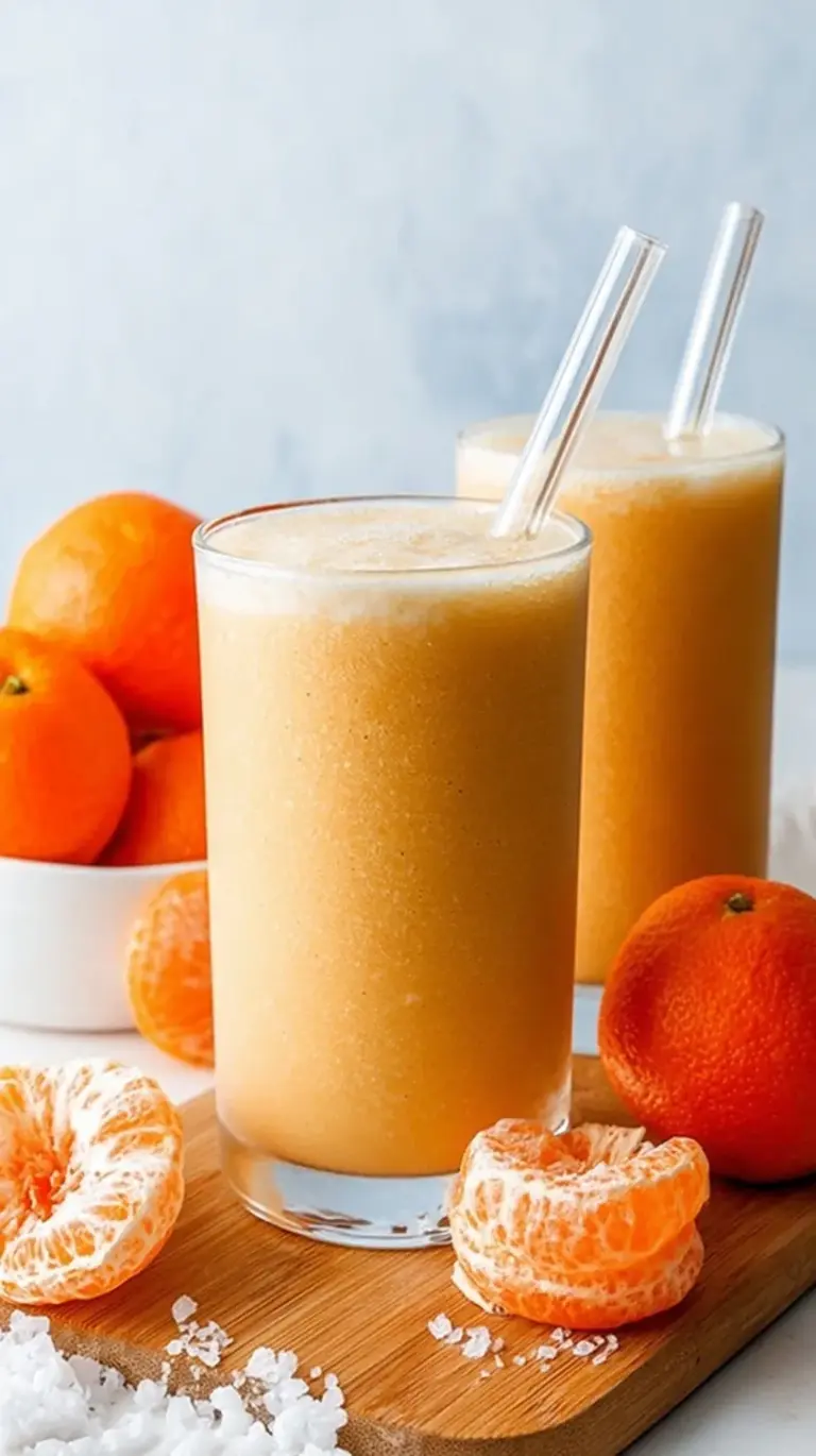 A vibrant orange clementine smoothie in a chilled glass with fresh citrus segments on the side.