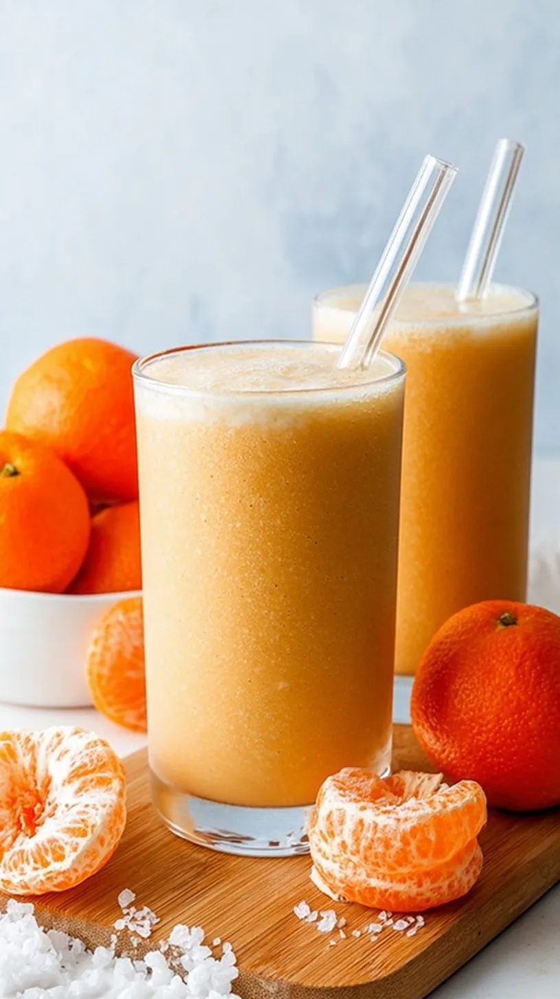 A vibrant orange clementine smoothie in a chilled glass with fresh citrus segments on the side.