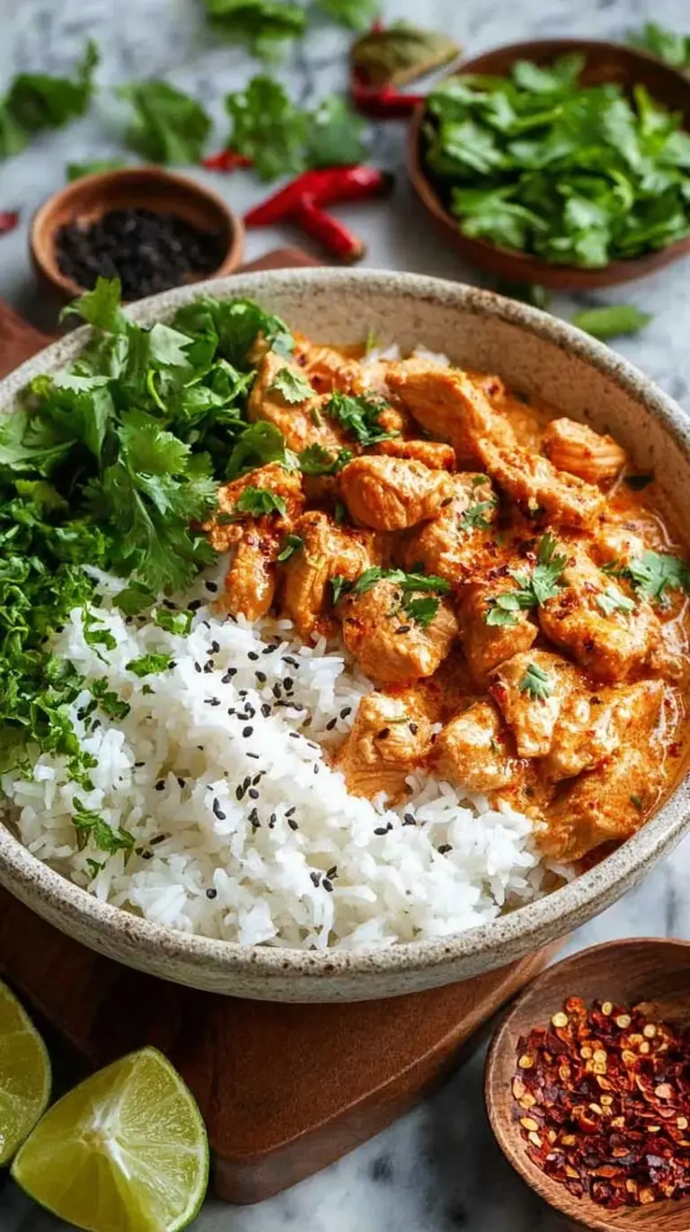 A bowl of creamy coconut chicken over jasmine rice with snap peas and lime wedges.