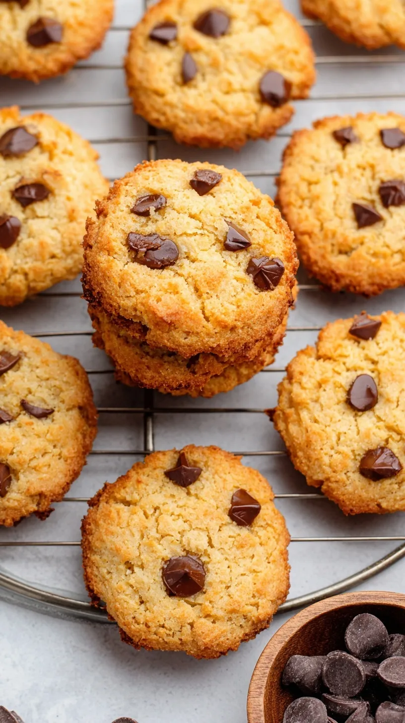 A stack of soft coconut flour chocolate chip cookies with melted dark chocolate chips on a parchment-lined tray.