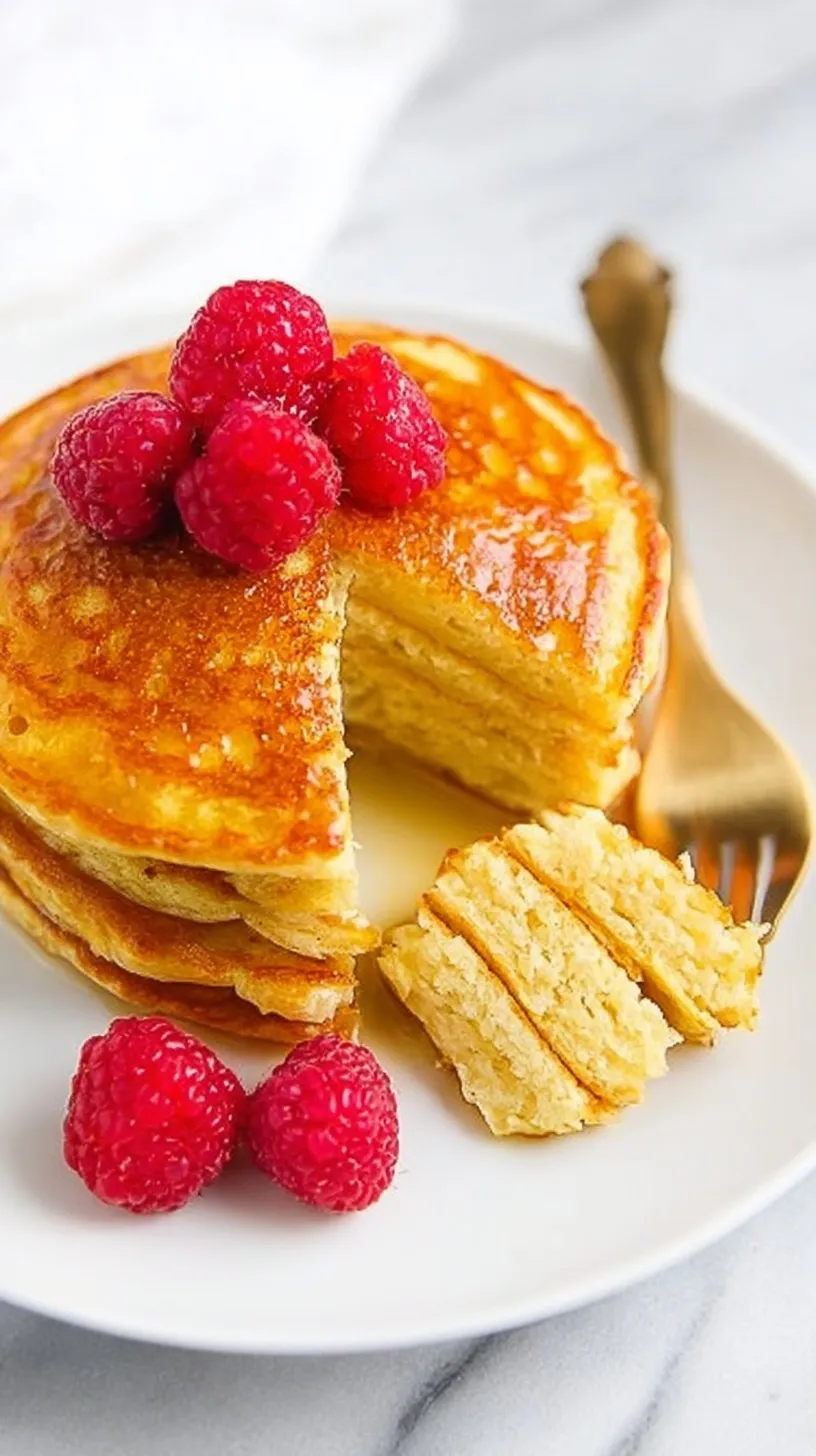 A stack of golden brown coconut flour pancakes topped with fresh berries and drizzled with maple syrup