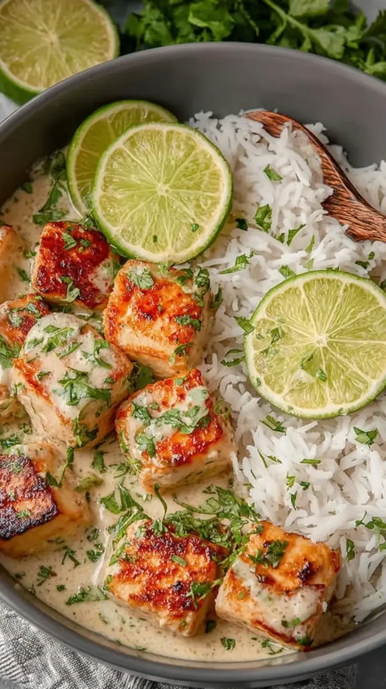 Crispy golden tofu cubes coated in a creamy coconut lime sauce with fresh cilantro and lime zest