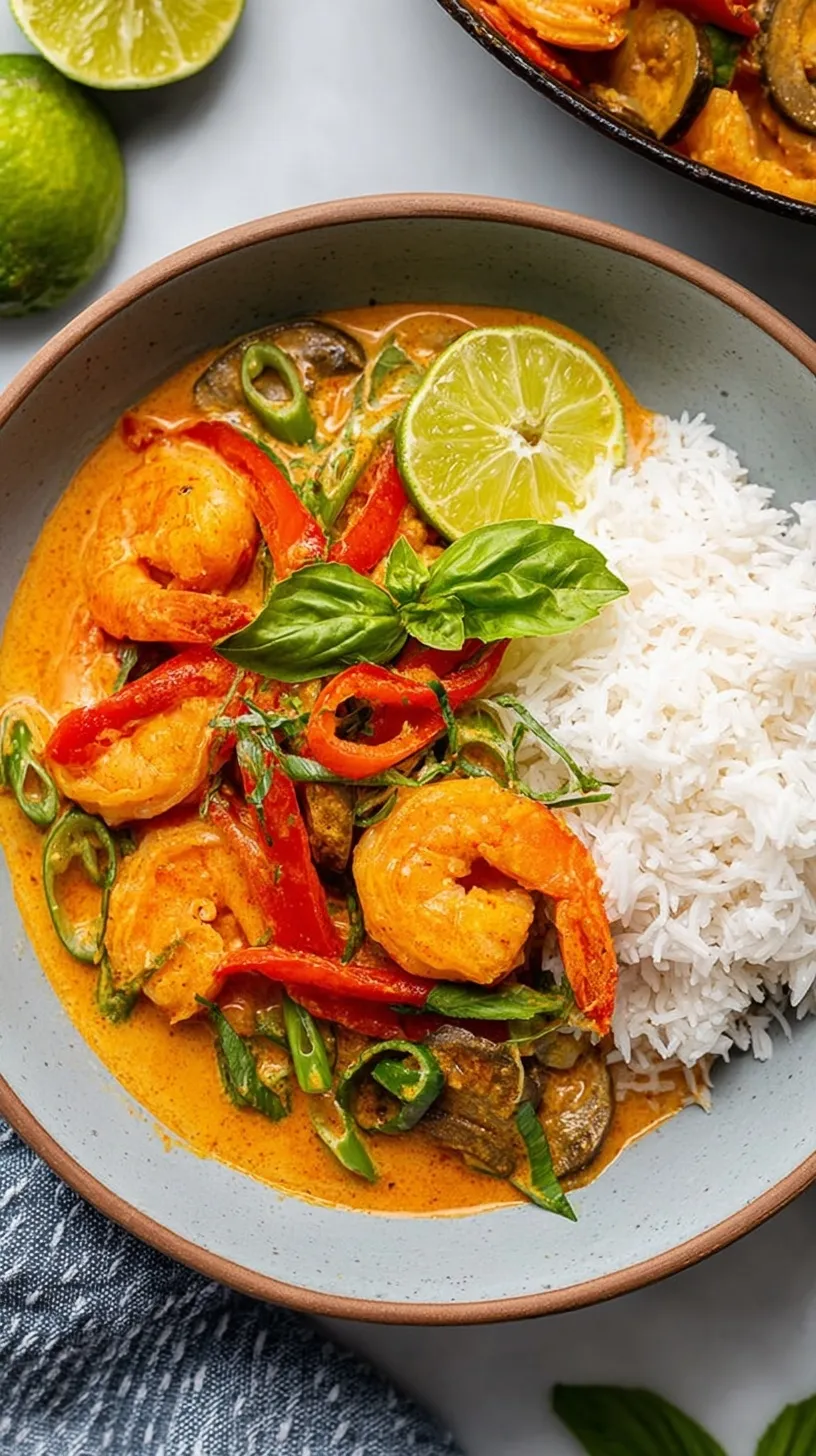 A bowl of creamy coconut shrimp curry with red peppers and fresh cilantro over rice