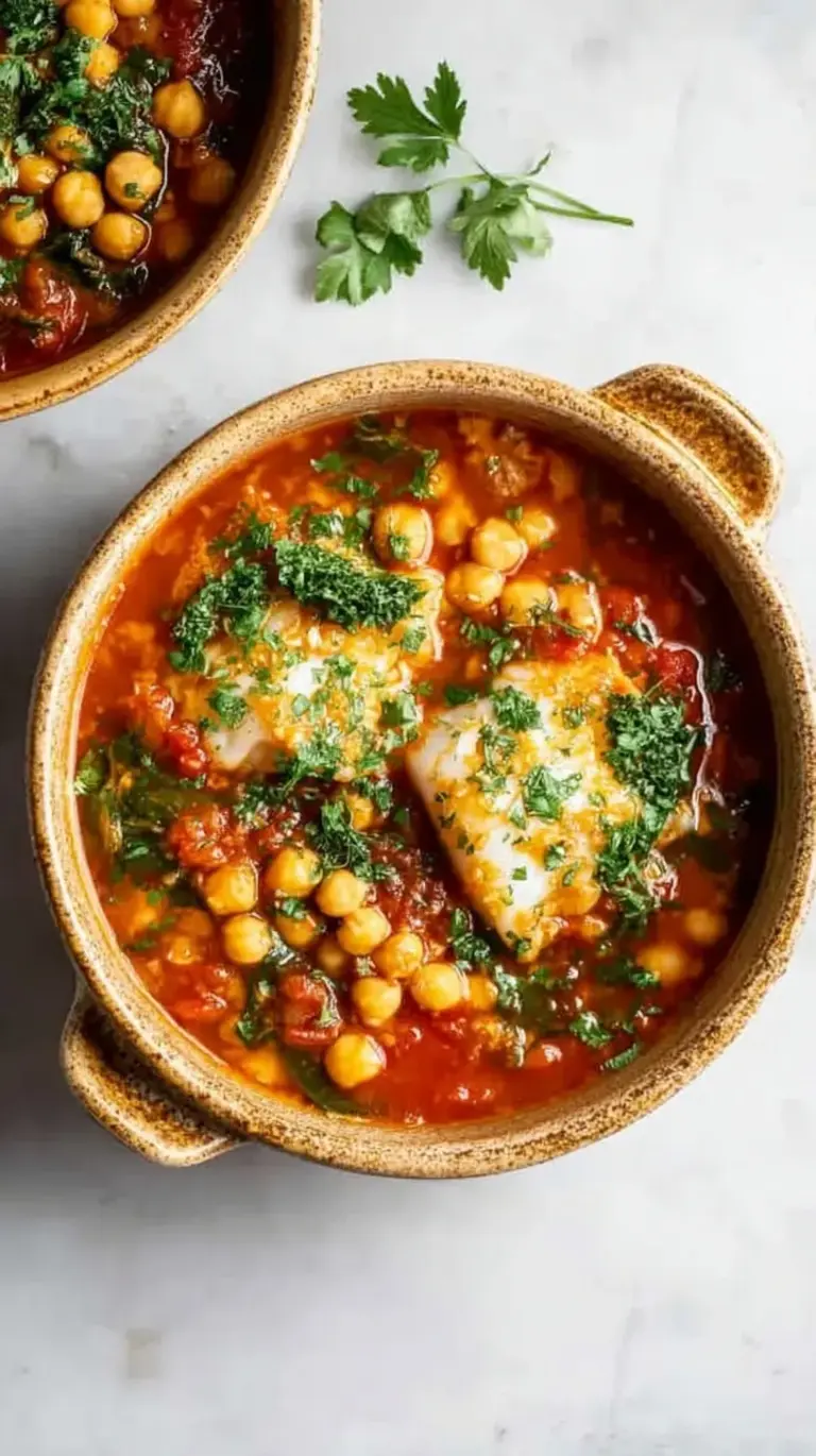 A vibrant red tomato broth stew with flaky white cod, chickpeas, and fresh green spinach in a dark bowl.