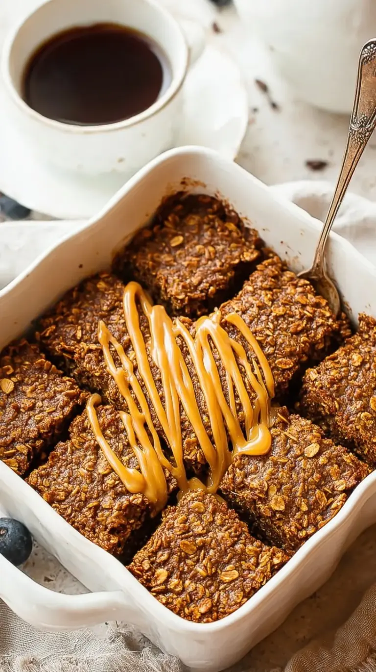 A square slice of golden brown coffee baked oatmeal topped with melted chocolate chips and walnuts