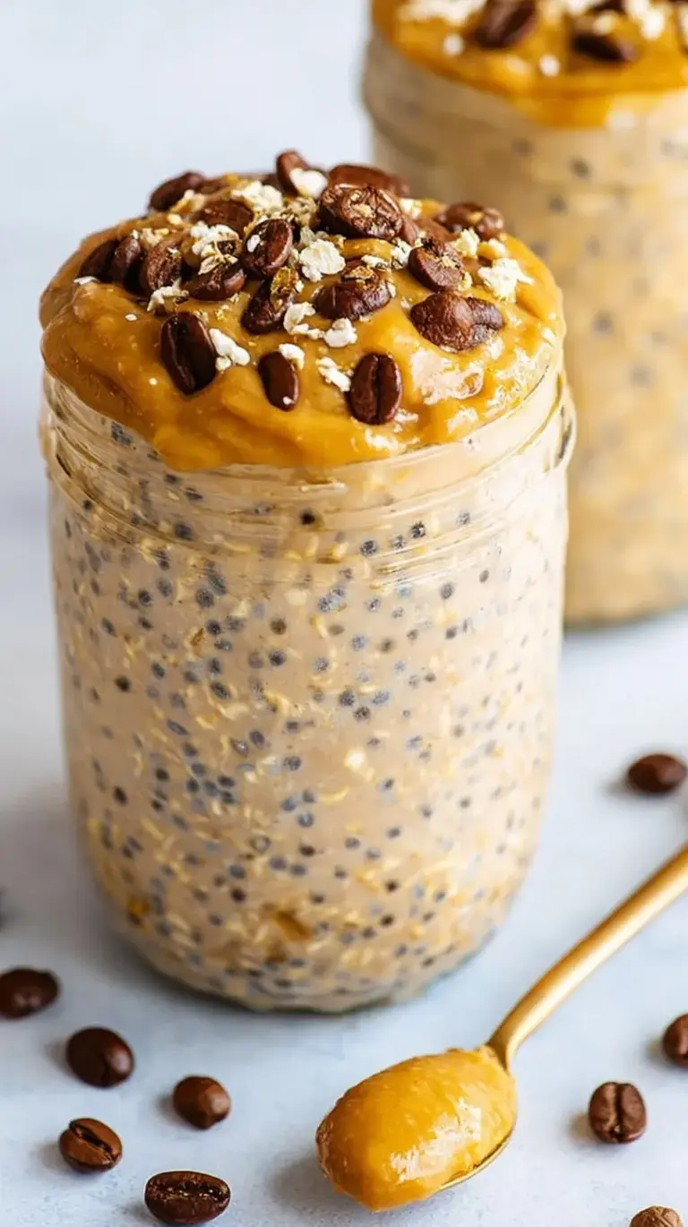 A glass jar filled with creamy coffee overnight oats topped with chia seeds