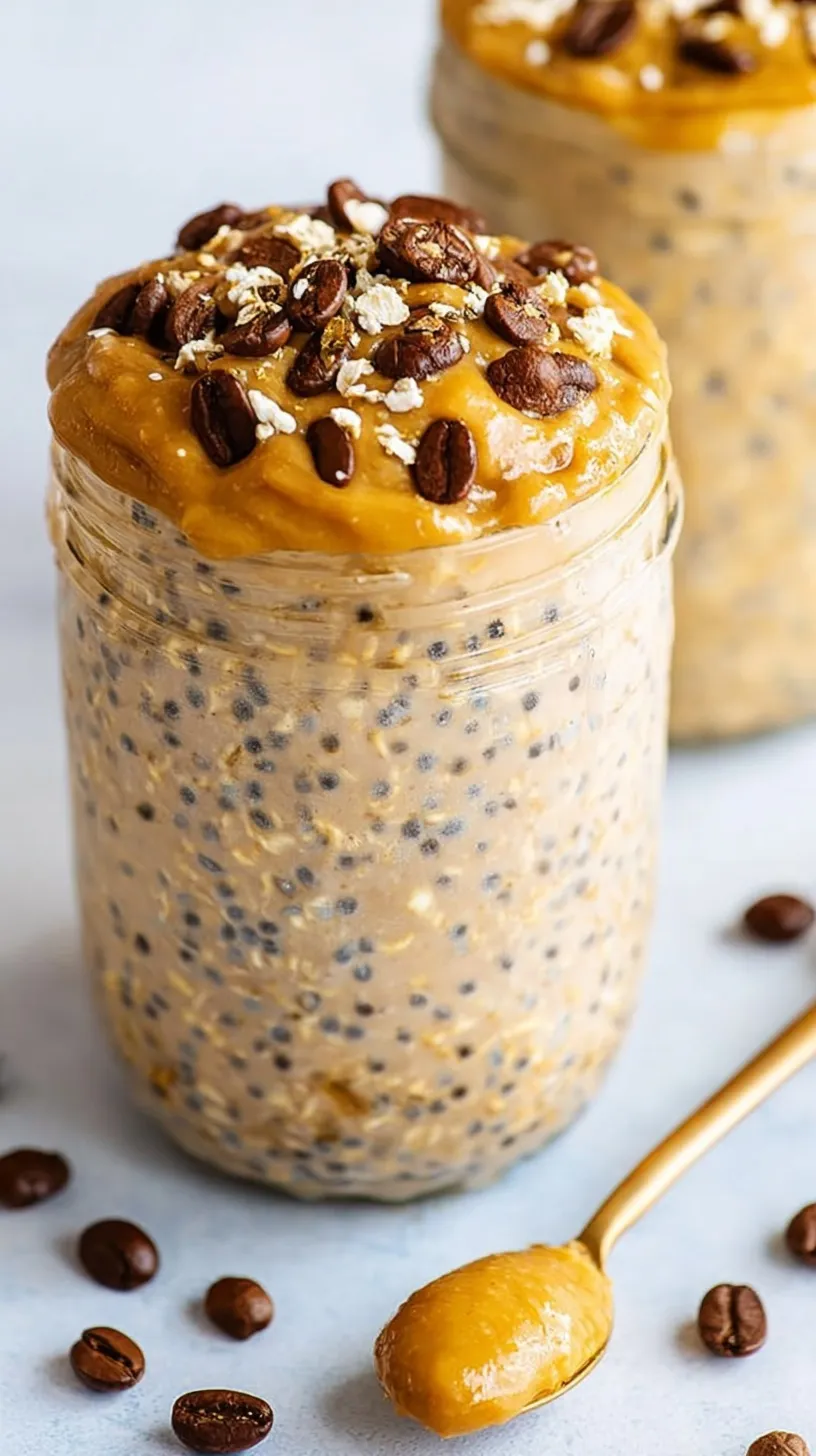 A glass jar filled with creamy coffee overnight oats topped with chia seeds