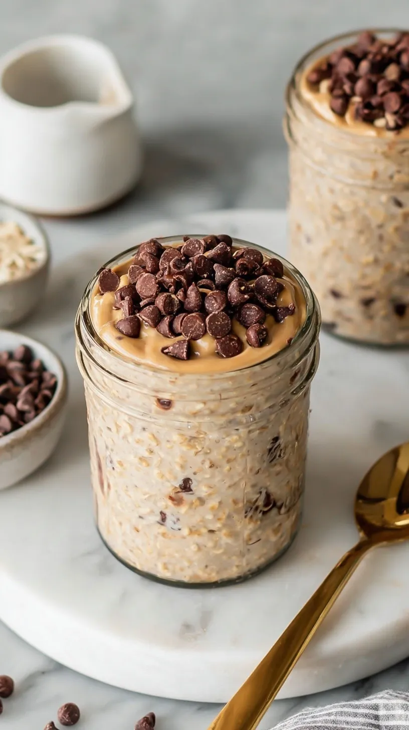 A glass jar filled with creamy cookie dough overnight oats topped with mini chocolate chips.