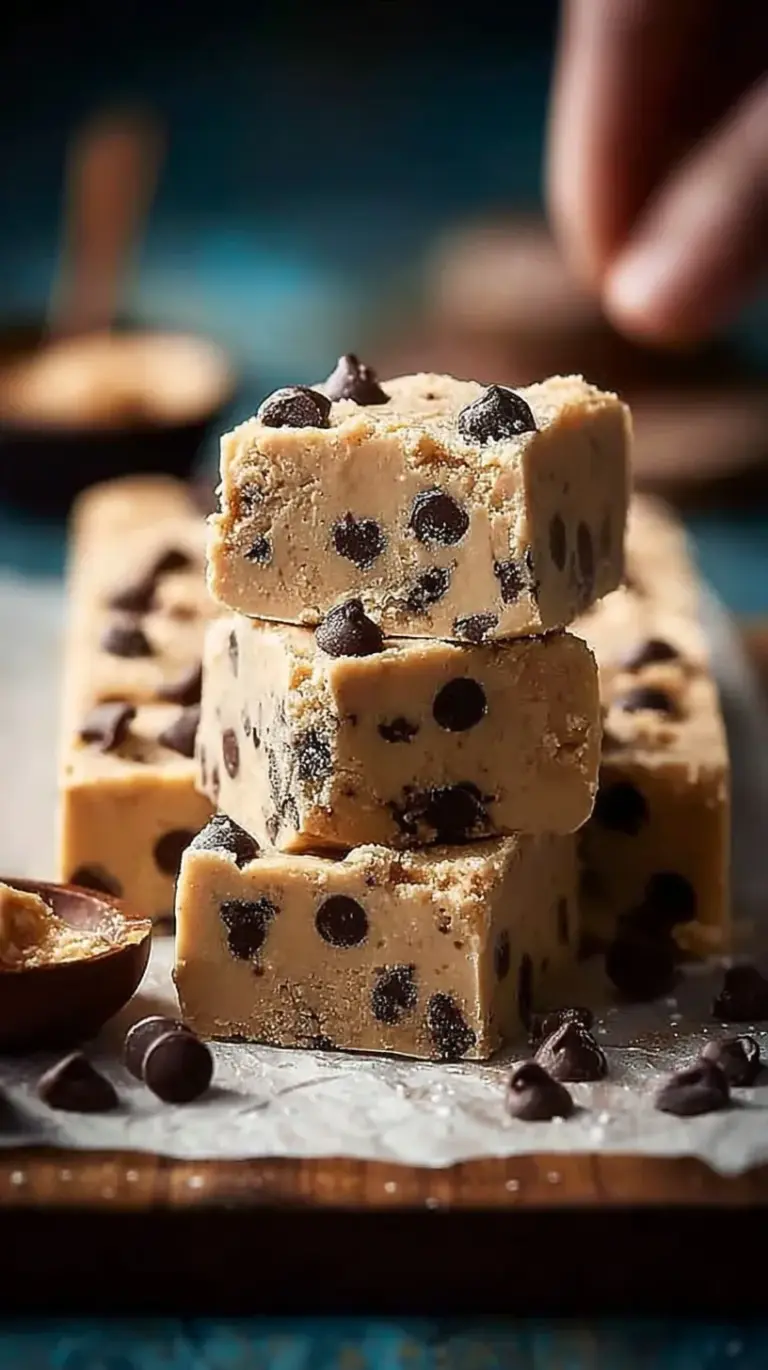A close up of sliced cookie dough protein bars with mini chocolate chips on a marble surface.