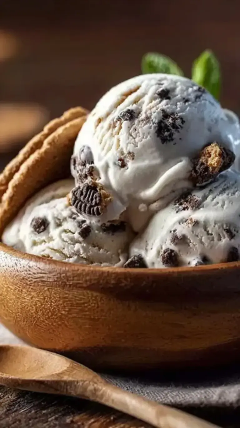A creamy scoop of cookies and cream protein ice cream in a bowl with cookie crumbles
