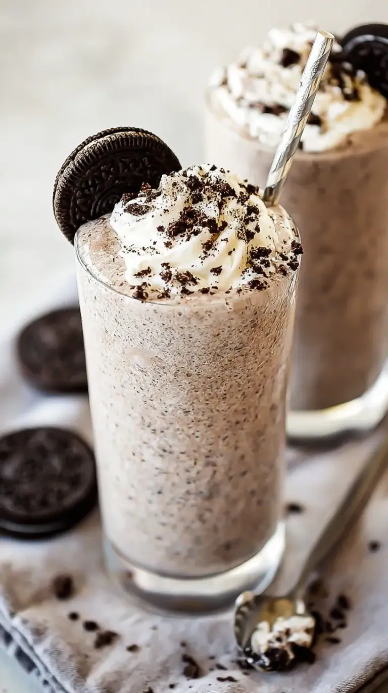 A creamy cookies and cream protein shake in a glass with cookie crumbles on top.