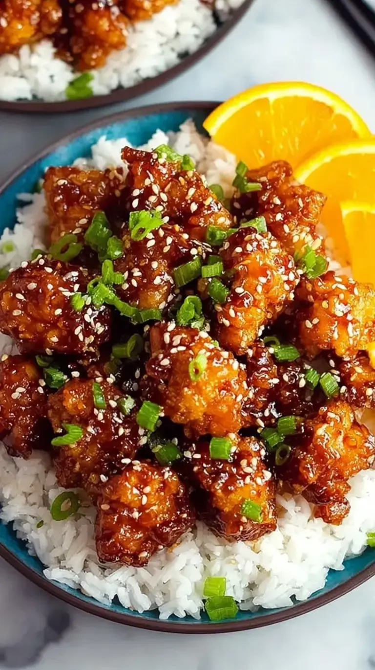 Crispy golden brown orange chicken glazed in a shiny citrus sauce over white rice