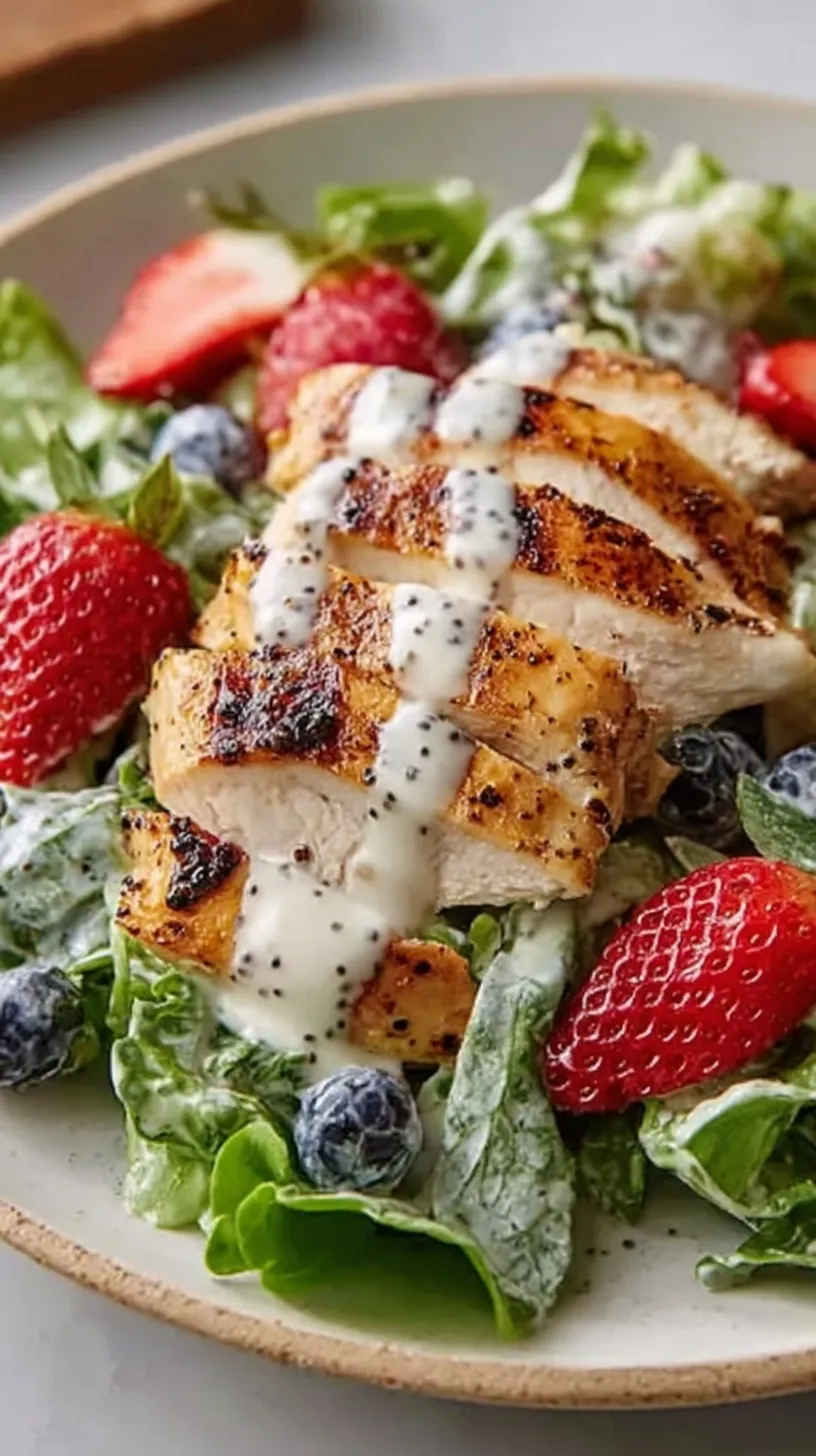 A vibrant bowl of Strawberry Poppyseed Chicken Salad with grilled chicken, berries, and pecans