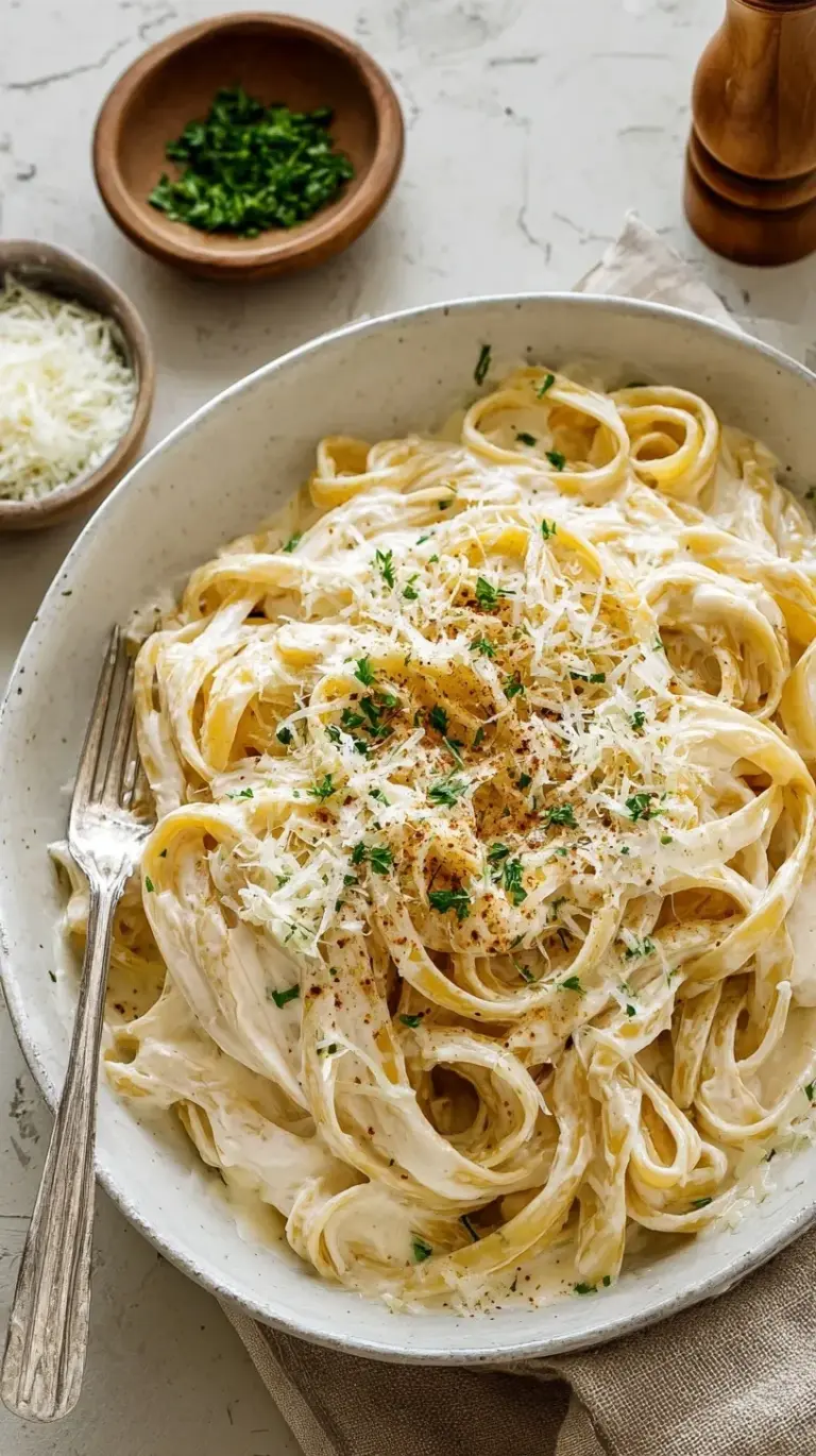 Creamy cottage cheese alfredo sauce over fettuccine pasta in a white bowl.