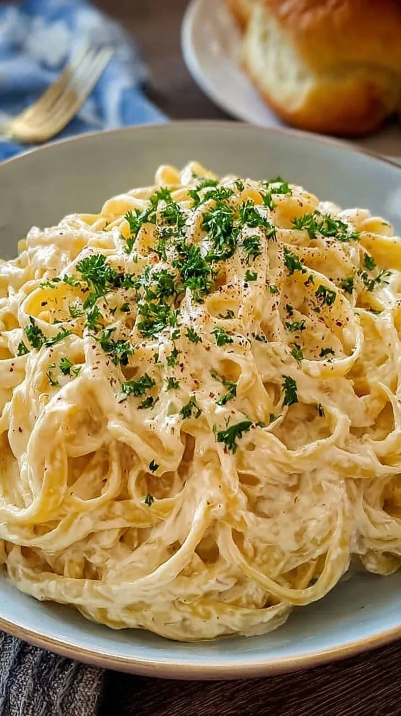 A bowl of creamy fettuccine pasta coated in a smooth cottage cheese alfredo sauce with black pepper and parmesan