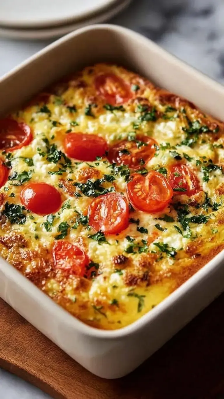 Golden brown cottage cheese and veggie bake in a square dish with melted cheddar on top