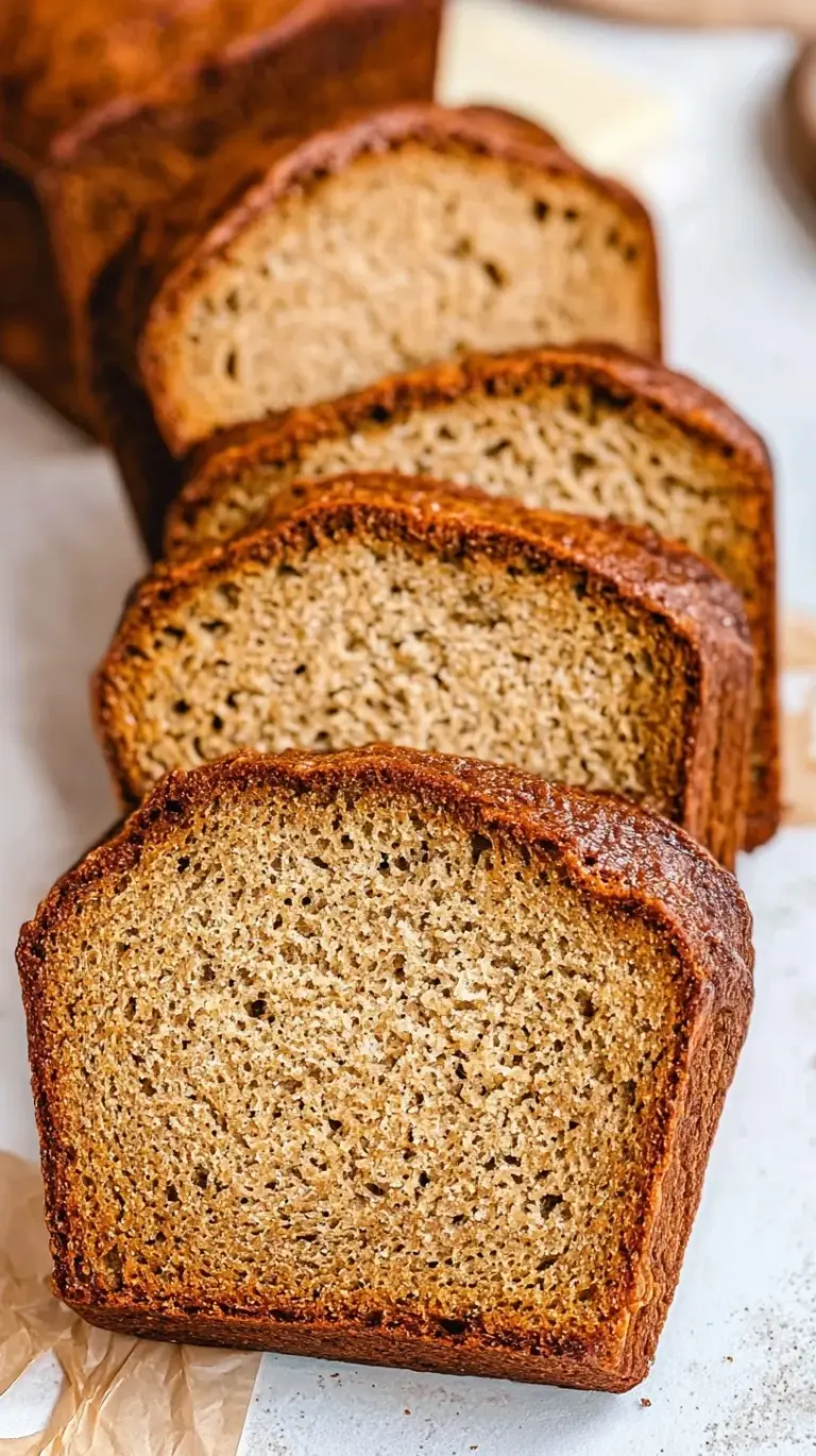 A sliced loaf of moist cottage cheese banana bread on a wooden board.