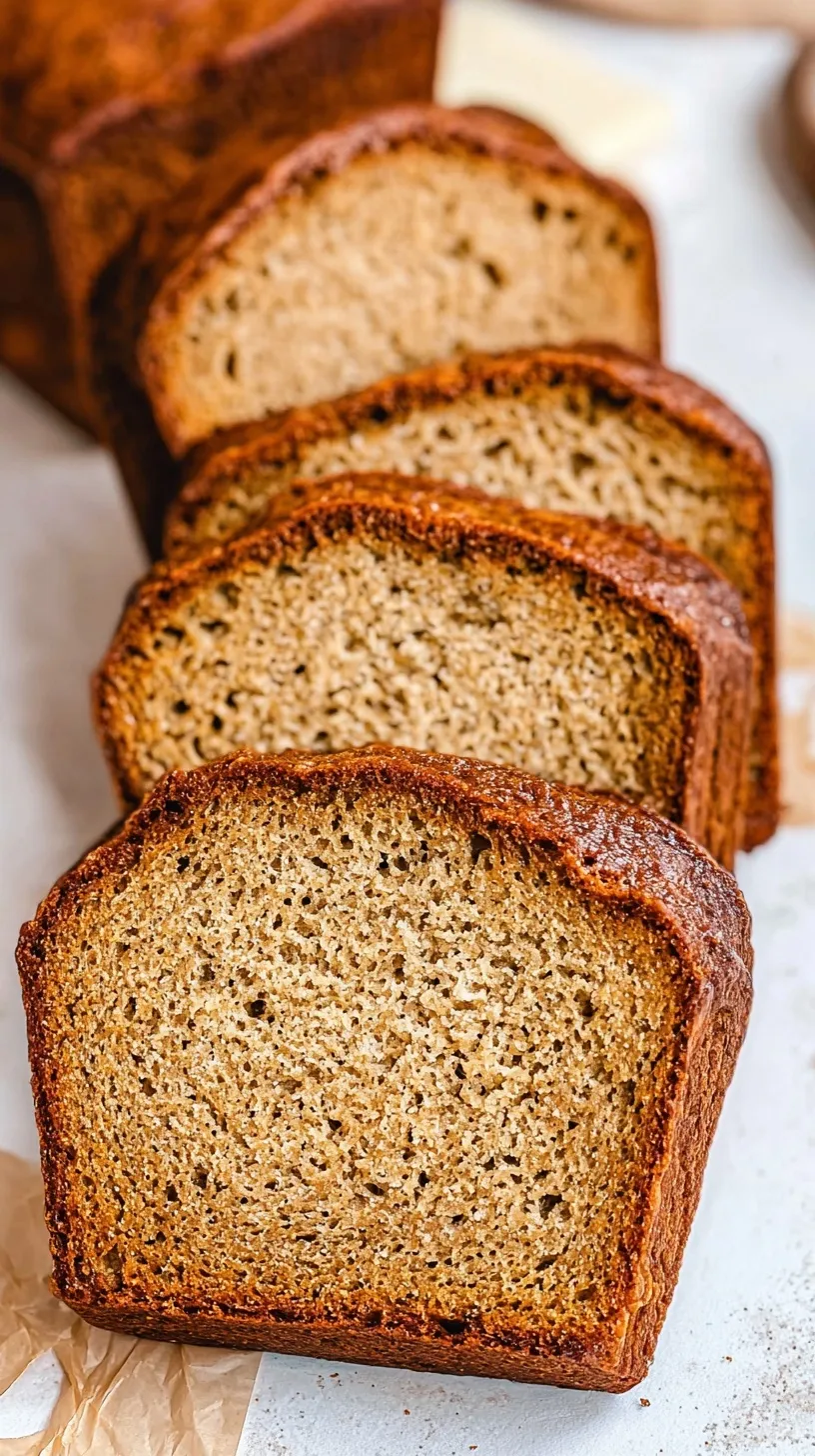 A sliced loaf of moist cottage cheese banana bread on a wooden board.