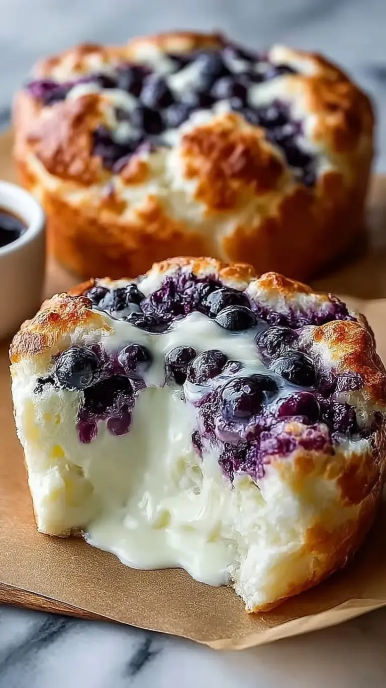 Four golden-brown mounds of airy blueberry cloud bread on a parchment-lined baking sheet.
