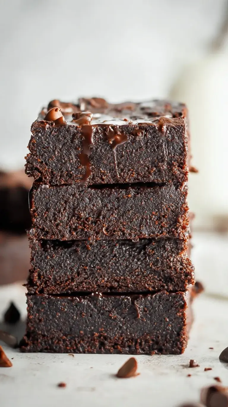 A stack of fudgy chocolate brownies topped with melted chocolate chips on a white plate.