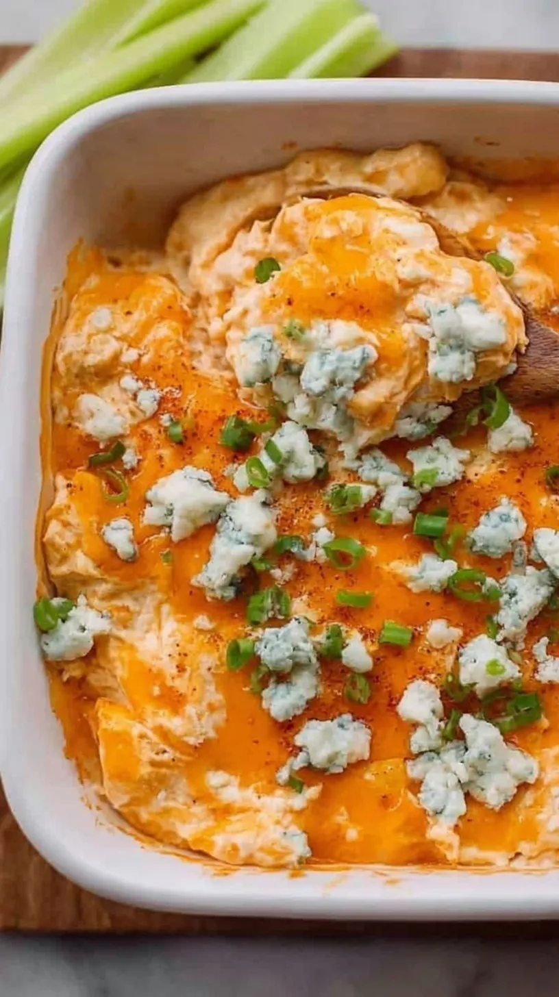 A bubbling dish of creamy buffalo chicken dip topped with melted mozzarella and blue cheese