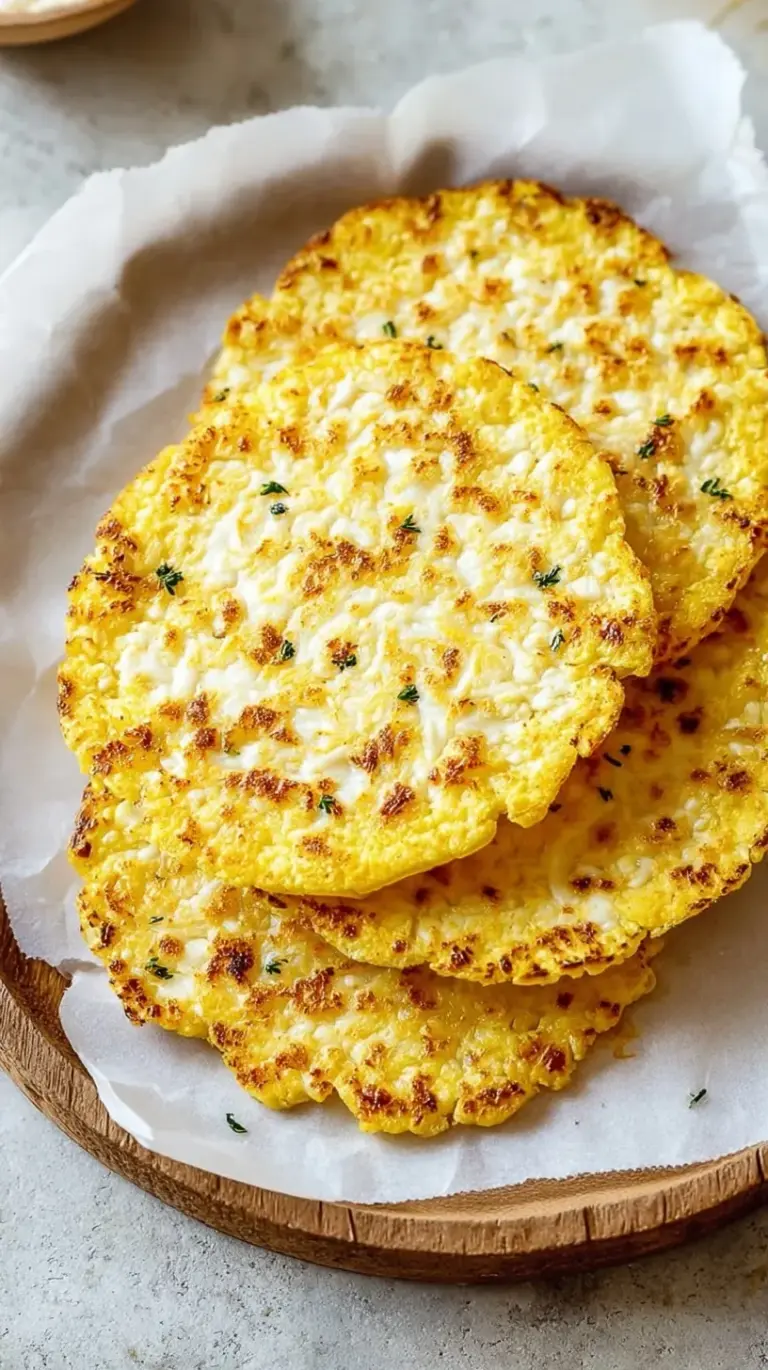 Golden brown Cottage Cheese Cauliflower Thins stacked on a baking sheet with parchment paper
