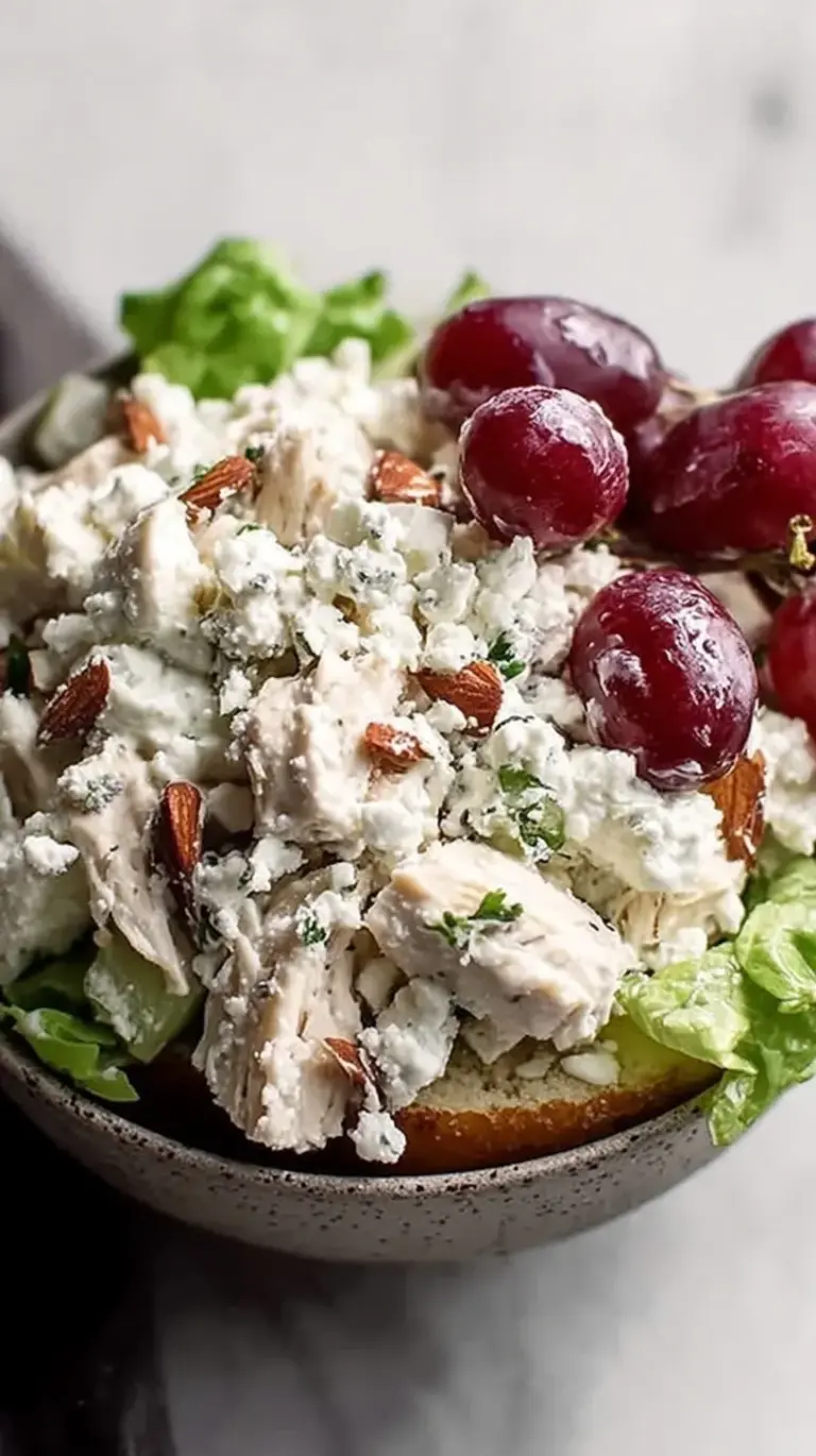 A high-protein cottage cheese chicken salad sandwich on whole grain bread with lettuce, grapes, and almonds.