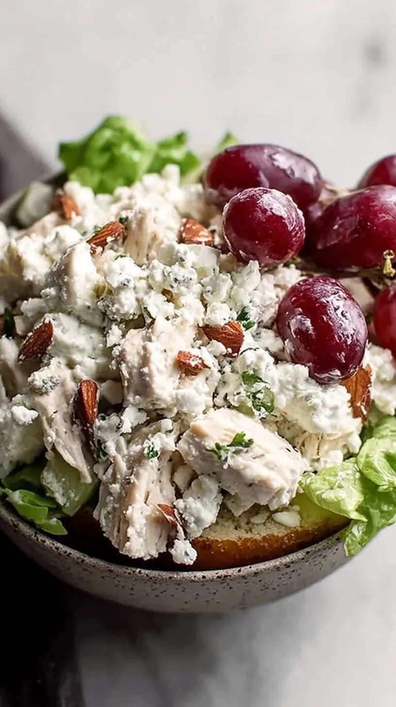 A high-protein cottage cheese chicken salad sandwich on whole grain bread with lettuce, grapes, and almonds.