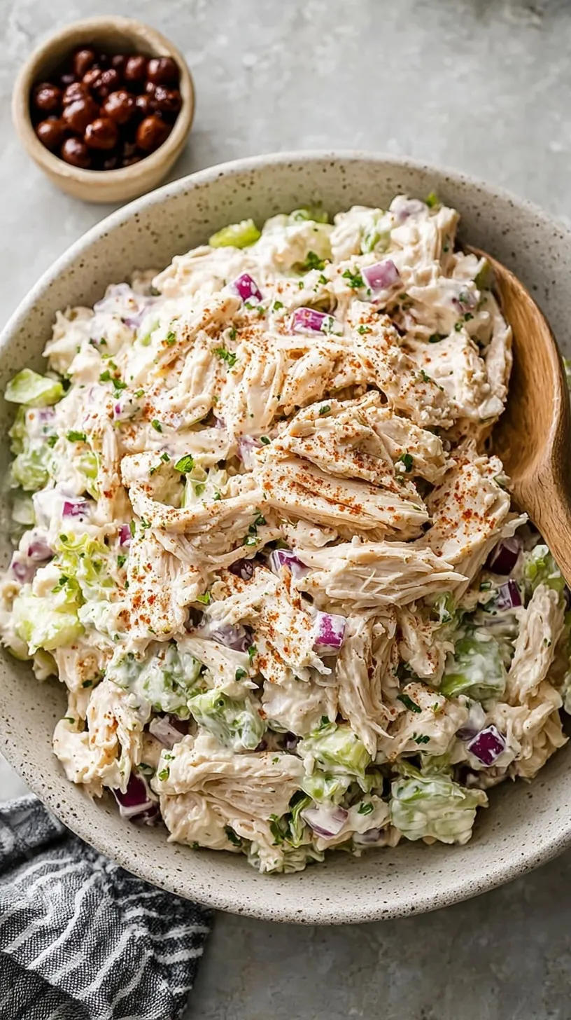 Creamy cottage cheese chicken salad in a glass bowl with fresh chives