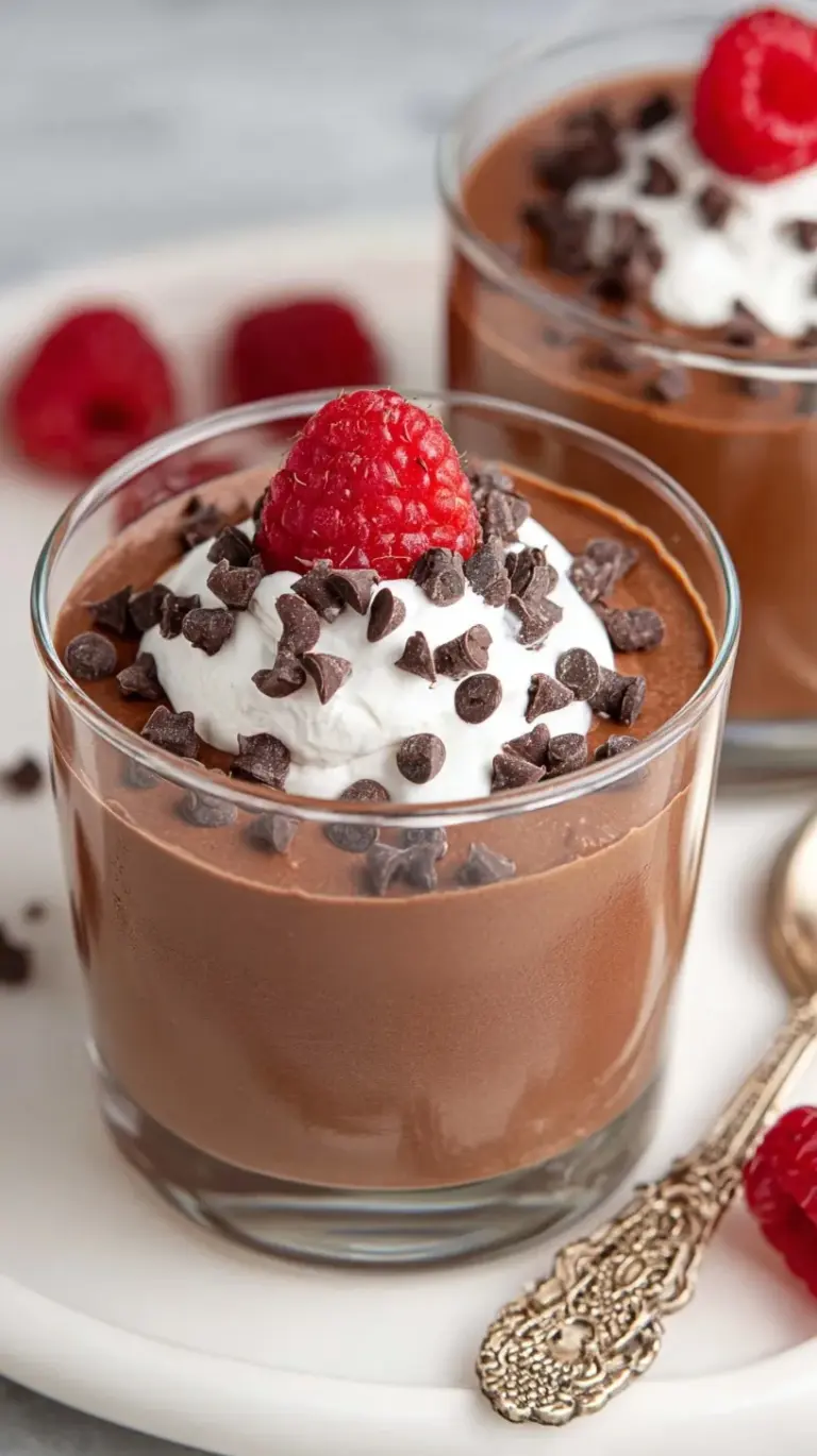 Smooth and creamy chocolate mousse in a glass bowl topped with fresh raspberries