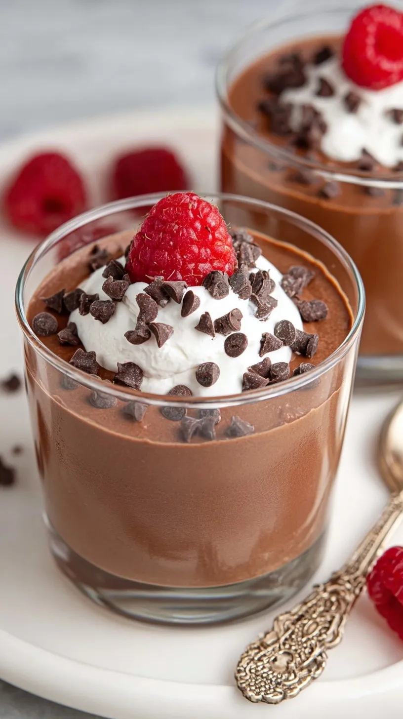 Smooth and creamy chocolate mousse in a glass bowl topped with fresh raspberries