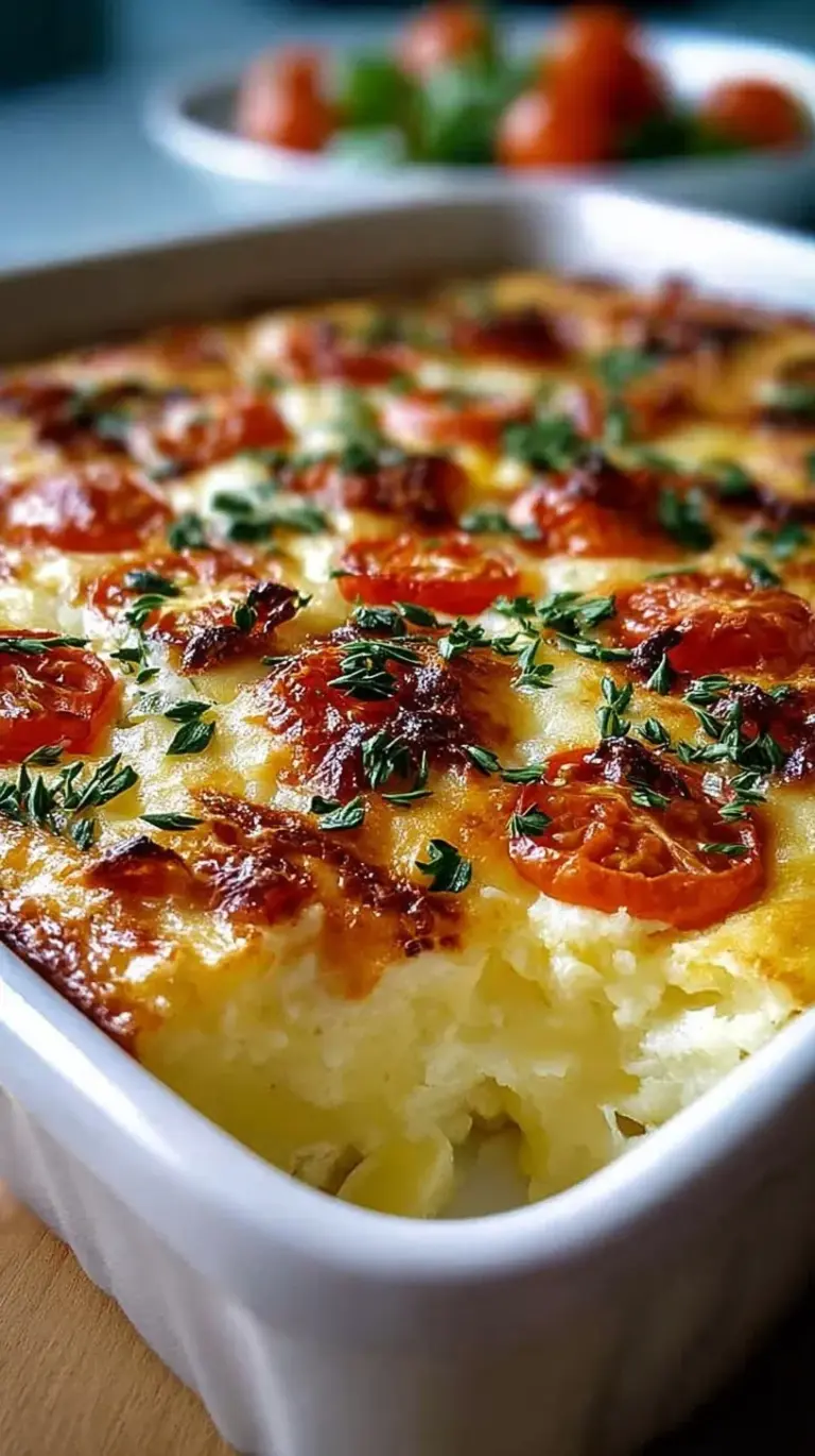 A golden brown cottage cheese egg bake sliced in a ceramic dish with fresh chives on top.