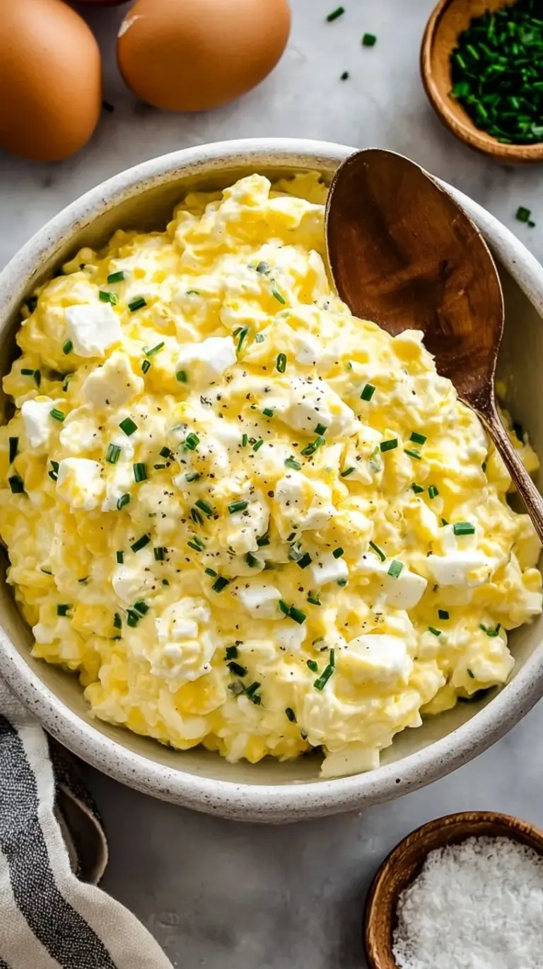 A bowl of creamy cottage cheese egg salad topped with chives and smoked paprika.
